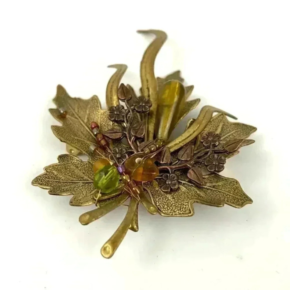VTG Bronze Tone Maple Leave Metal Brooch Pin Beaded 90s - Picture 2 of 10